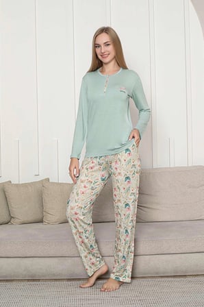 Kadın Pembe Pijama Takımı, Kelebek Desenli Kısa Kol Likralı Viskon 02876444/03427