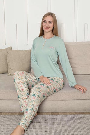 Kadın Pembe Pijama Takımı, Kelebek Desenli Kısa Kol Likralı Viskon 02876444/03427