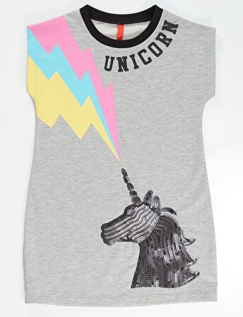 Gri Unicorn Kız Elbise