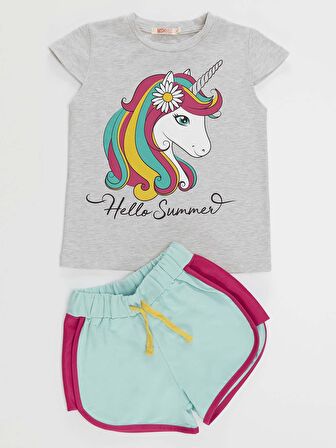 Çiçekli Unicorn Kız T-Shirt Şort Takım