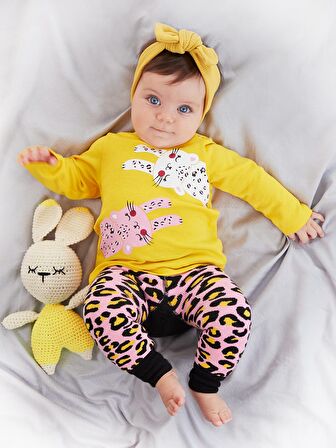 Leopar Kız Bebek T-shirt Tayt-Pantolon Takım