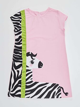 Fırfırlı Zebra Kız Çocuk Pembe Elbise