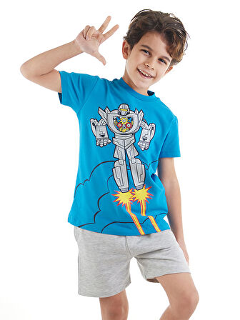 Robot Erkek Çocuk Mavi T-shirt Gri Şort Yazlık Takım