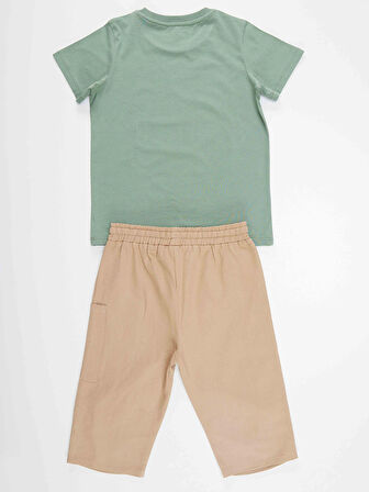 Safari Erkek Çocuk Yeşil T-shirt Gabardin Bej Kapri Şort Yazlık Takım