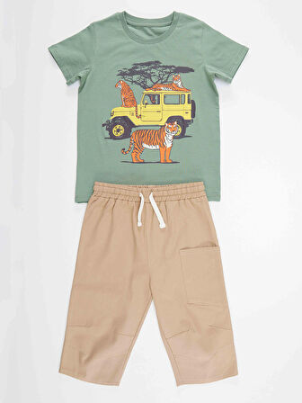 Safari Erkek Çocuk Yeşil T-shirt Gabardin Bej Kapri Şort Yazlık Takım
