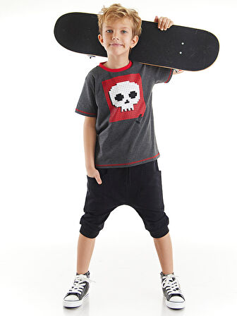 Skull Erkek Çocuk Gri T-shirt Siyah Kapri Şort Yazlık Takım