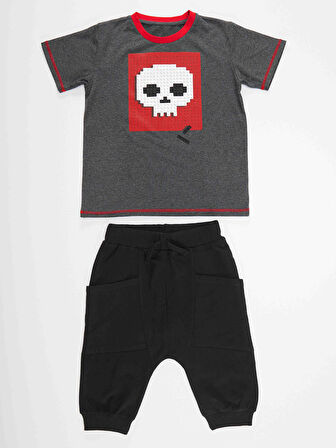 Skull Erkek Çocuk Gri T-shirt Siyah Kapri Şort Yazlık Takım