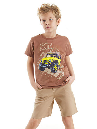 Jeep Erkek Çocuk Kahverengi T-shirt Gabardin Bej Şort Yazlık Takım