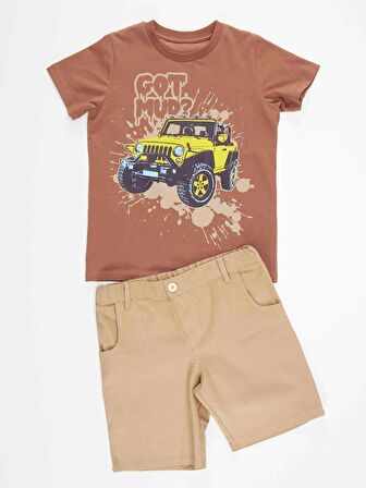 Jeep Erkek Çocuk Kahverengi T-shirt Gabardin Bej Şort Yazlık Takım