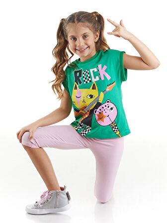 Rock Kankalar Kız Çocuk Yeşil T-shirt Pembe Tayt Yazlık Takım
