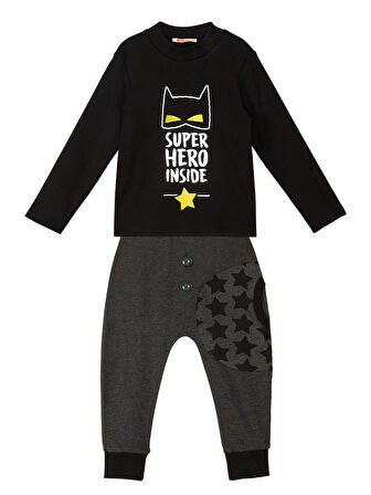 Süper Kahraman Erkek Çocuk Siyah T-shirt Gri Pantolon Takım