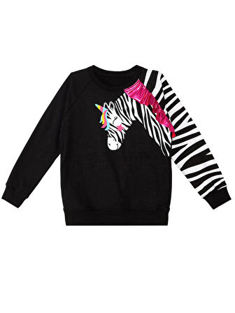 Fırfırlı Zebra Kız Çocuk Siyah Sweatshirt