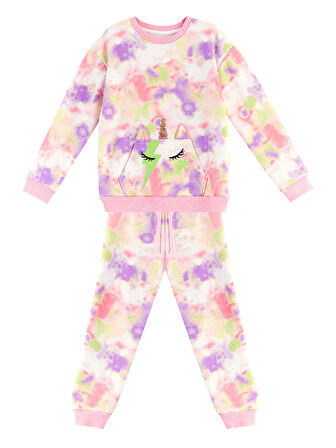 Unicorn Batik Desenli Pembe Yeşil Kız Çocuk Eşofman Takım