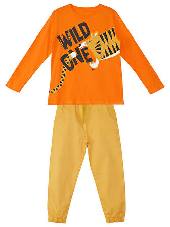 Wild One Erkek Çocuk Turuncu T-shirt Hardal Gabardin Pantolon Takım