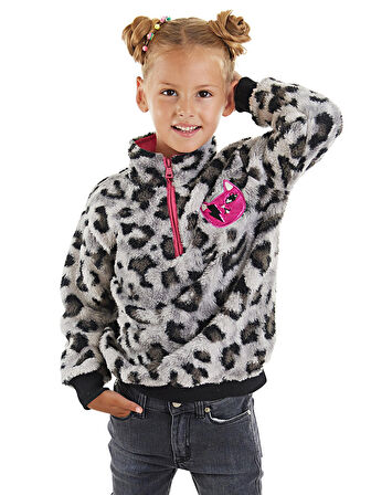 Leoparlı Gri Kız Çocuk Peluş Sweatshirt