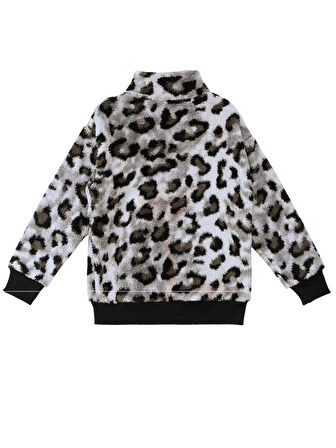 Leoparlı Gri Kız Çocuk Peluş Sweatshirt