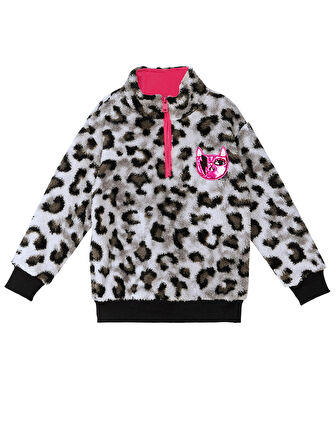 Leoparlı Gri Kız Çocuk Peluş Sweatshirt