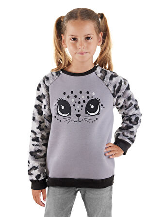 Leopar Peluş Kız Çocuk Sweatshirt