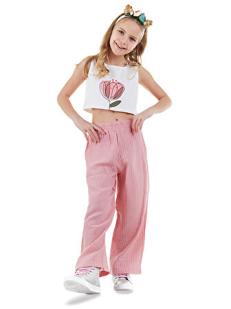 Çiçekli Kız Çocuk Pembe Müslin Pantolon Takım