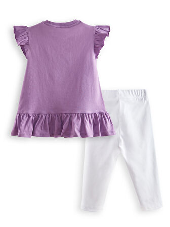 Çiçekli Kedi Kız Çocuk Mor T-shirt Tayt Takım