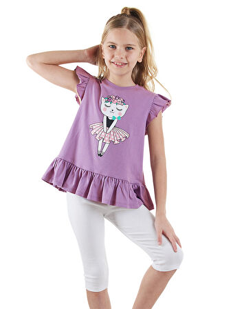 Çiçekli Kedi Kız Çocuk Mor T-shirt Tayt Takım