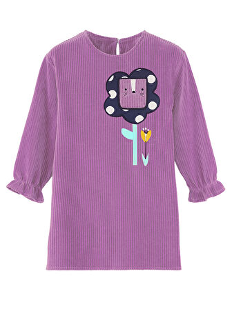 Çiçekli Kız Çocuk Lila Kadife Elbise