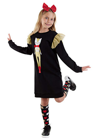 Simli Kedi Kız Çocuk Siyah Elbise