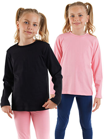 Siyah ve Pembe Kız Çocuk 2'li Paket T-shirt