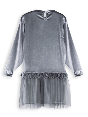 Leopar Cepli Kız Çocuk Gri Kadife Elbise