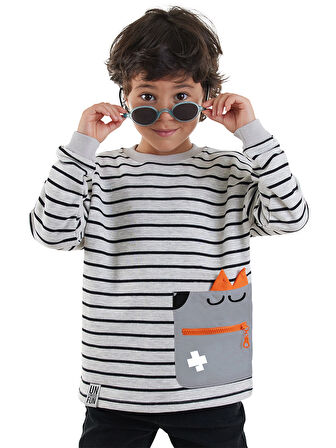 Cool Oversize Çizgili Gri Erkek Çocuk Sweatshirt
