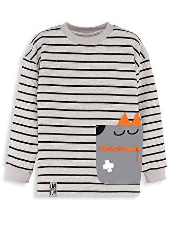Cool Oversize Çizgili Gri Erkek Çocuk Sweatshirt