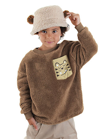 Kaplan Oversize Erkek Çocuk Kahverengi Peluş Sweatshirt
