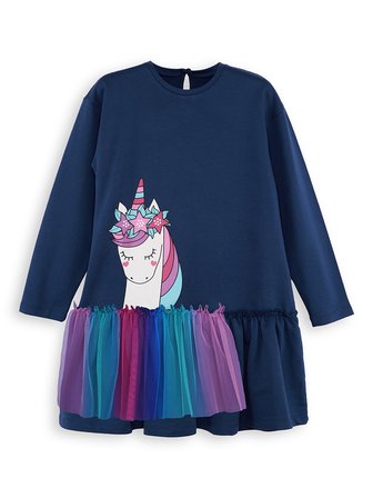 Tüllü Unicorn Kız Çocuk Lacivert Elbise