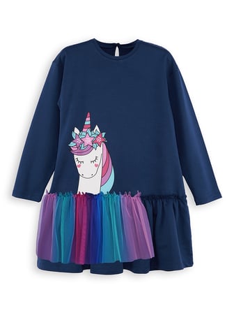 Tüllü Unicorn Kız Çocuk Lacivert Elbise