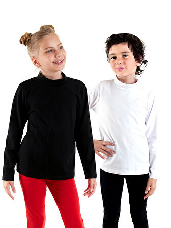 Siyah ve Beyaz Unisex Çocuk 2'li Paket Boğazlı T-shirt