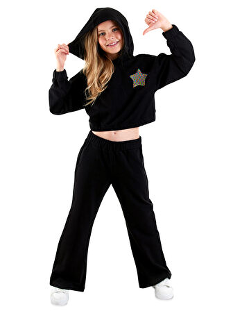Stars Kız Çocuk Crop Siyah Eşofman Takım
