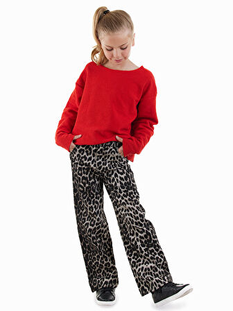 Leopar Desenli Kız Çocuk Gabardin Pantolon