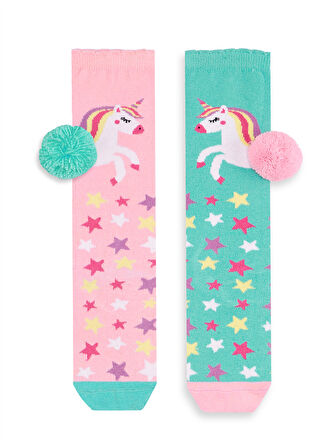 Unicorn Star Kız Çocuk Pembe Yeşil Dizaltı Çorap