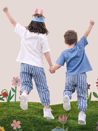 Mavi Çizgili Dokuma Unisex Kız Erkek Çocuk Dokuma Pantolon İlkbahar-Yazlık 2-8 Yaş