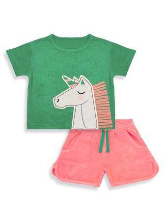 Kız Çocuk Takım Unicorn Havlu Kumaş Crop Top Üst Ve Şort Takım Yazlık 4-10 Yaş