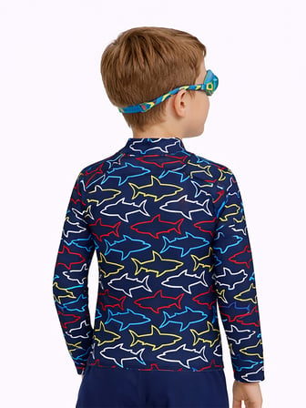 UV Korumalı Erkek Çocuk Mayo T-shirt UVP+50 Faktör Koruma Uzun Kollu Köpekbalığı