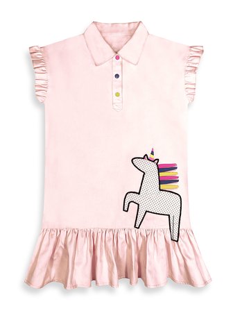Kız Çocuk Elbise Unicorn Aplikeli %100 Pamuk Gömlek Stil Elbise 4-9 Yaş