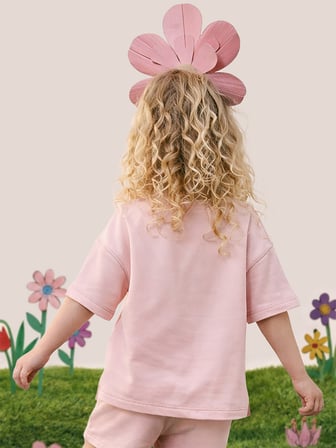 Pembe Bisiklet Yaka Oversize T-shirt Kız Çocuk %100 Pamuk