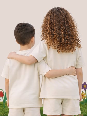 Krem Bisiklet Yaka Oversize T-shirt Çocuk Unisex %100 Pamuk