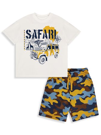 Erkek Çocuk Takım Safari Baskılı %100 Pamuk T-Shirt Şort Yazlık Takım