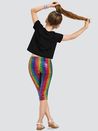Kız Çocuk Renkli Takım Baskılı Crop Top & Varak Tayt İlkbahar Yaz 5-10 Yaş
