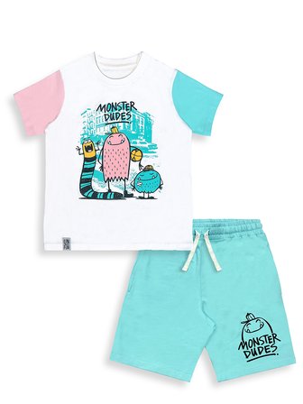 Erkek Çocuk Takım Canavar Baskılı %100 Pamuk T-Shirt Pamuk Şort Yazlık Takım