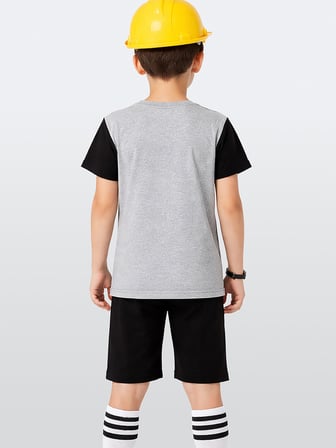 Erkek Çocuk Takım İnşaat Araçları Baskılı T-Shirt Siyah Şort Yazlık Takım