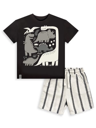 Erkek Çocuk Takım Dino Pamuk T-Shirt Ve Çizgili Keten Görünümlü Yazlık Şort
