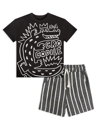 Erkek Çocuk Takım Croco Siyah T-Shirt Ve Çizgili Keten Görünümlü Yazlık Şort